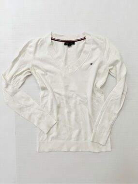 Tommy Hilfiger Cream V-Neck Sweater XXS - XS Preppy Minimalist Long Sleeve